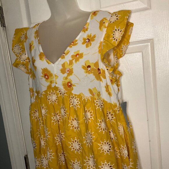 Melloday Floral Yellow & White Tiered Dress Square Neck & Ruffled Boho flowy L - Picture 9 of 13